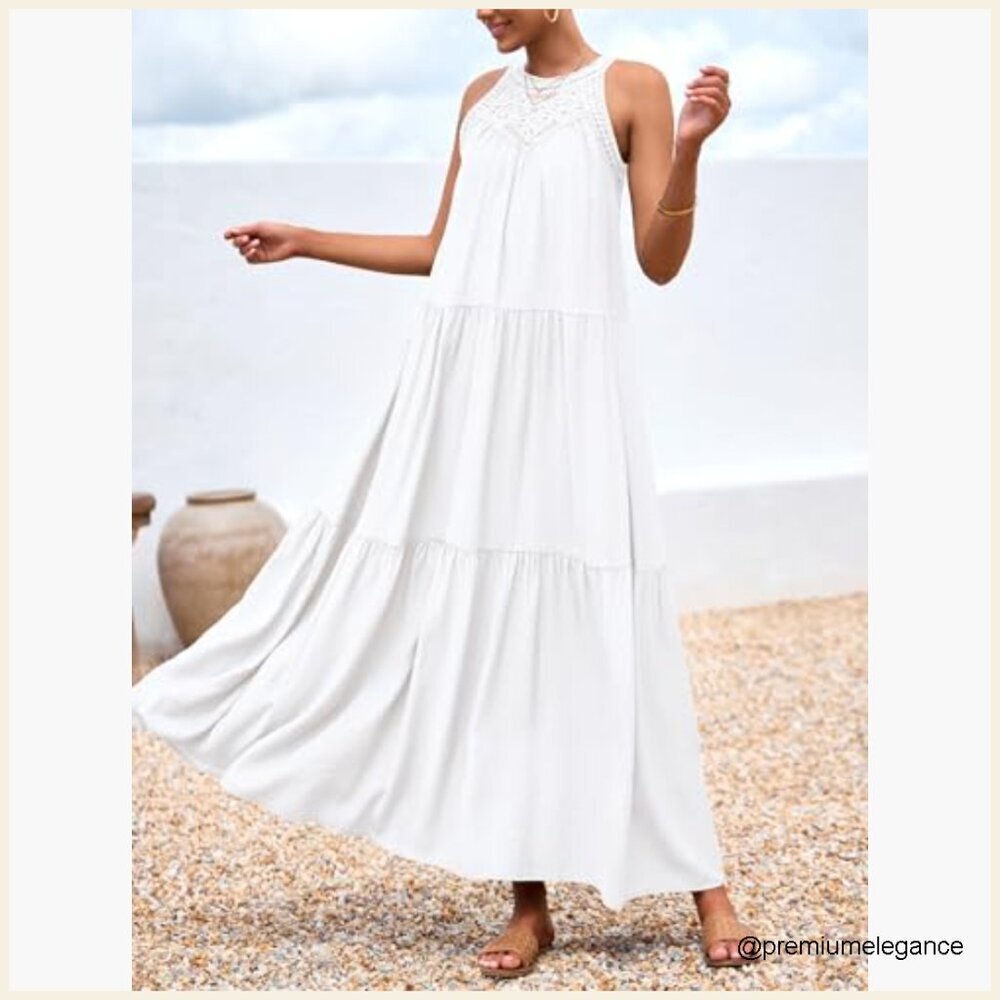 Halter Hollow Out Maxi Dress Sleeveless Boho Sundress Casual Beach Vacation - Picture 5 of 7